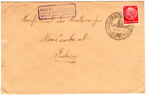 DR 1937, Landpoststpl. UNTER MOSSAU über Erbach (Odenw) auf Brief m. 12 Pf.