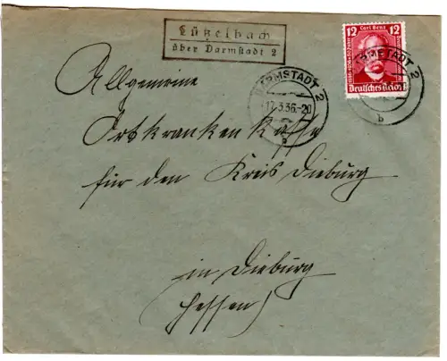DR 1936, R2-Landpost Stpl. LÜTZELBACH über Darmstadt 2 auf Brief m. 12 Pf. 