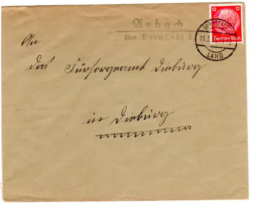DR 1935, R2-Landpost Stpl. ASBACH über Darmstadt 2 auf Brief m. 12 Pf. 