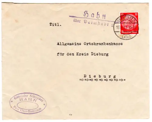 DR 1933, R2-Landpost Stpl. HAHN über Darmstadt 2 auf Firmen Brief m. 12 Pf. 