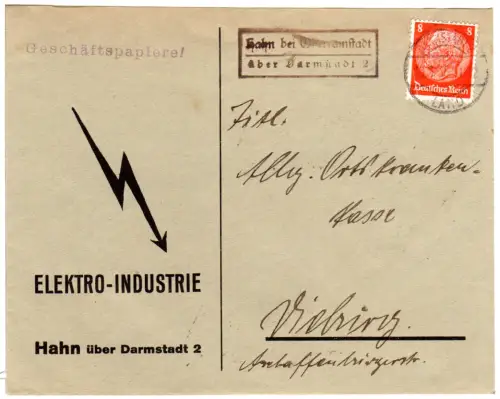 DR 1933, Brief mit R2-Landpost Stpl. HAHN bei OBERRAMSTADT über Darmstadt 2 