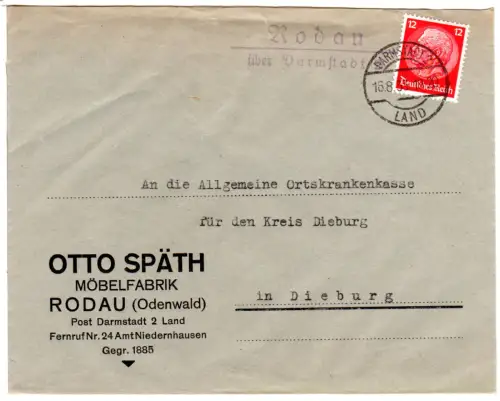 DR 1933, Landpost Stpl. RODAU über Darmstadt 2 auf Firmen Brief m. 12 Pf. 