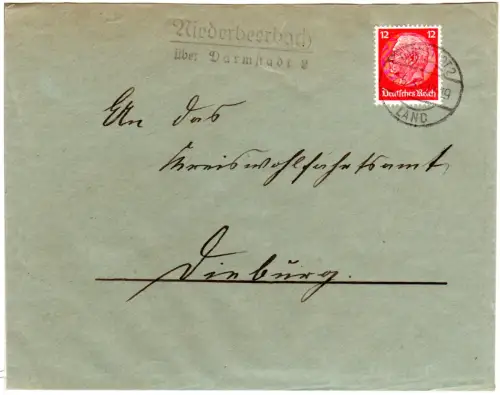 DR 1935, Landpost Stpl. NIEDERBEERBACH über Darmstadt 2 auf Brief m. 12 Pf. 