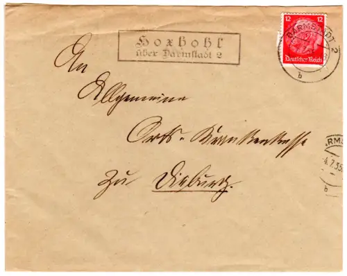 DR 1935, Landpost Stpl. HOXHOHL über Darmstadt 2 auf Brief m. 12 Pf. 