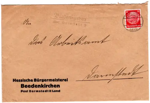 DR 1936, Landpost Stpl. BEEDENKIRCHEN über Darmstadt 2 auf Brief m. 12 Pf. 