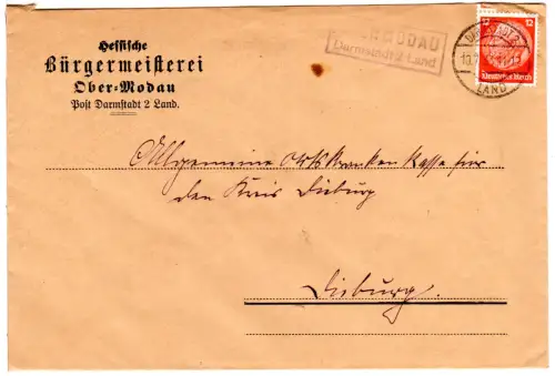 DR 1933, Landpost Stpl. OBERMODAU über Darmstadt 2 auf Brief m. 12 Pf. 