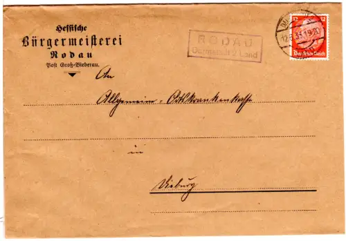 DR 1933, Landpost Stpl. RODAU über Darmstadt 2 auf Brief m. 12 Pf. 