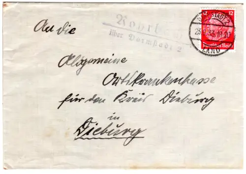 DR 1933, Landpost Stpl. ROHRBACH über Darmstadt 2 auf Brief m. 12 Pf.