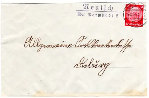 DR 1935, Landpost Stpl. NEUTSCH über Darmstadt 2 auf Brief m. 12 Pf.