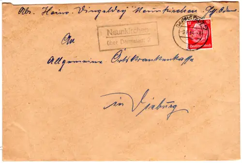DR 1934, Landpost Stpl. NEUNKIRCHEN über Darmstadt 2 auf Brief m. 12 Pf.