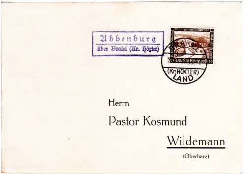 DR 1937, Landpost Stpl. ABBENBURG über Brakel (Kr. Höxter) auf Karte m. 3 Pf.