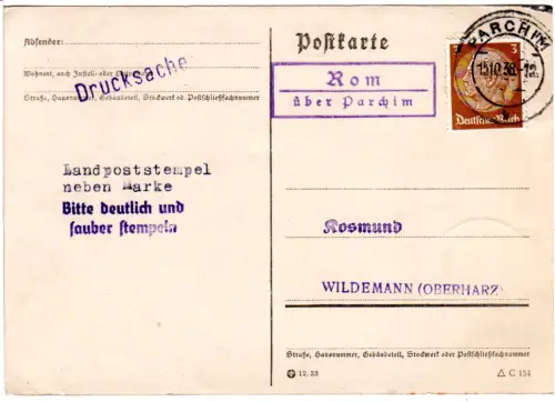 DR 1938, Landpost Stpl. ROM über Parchim auf Karte m. 3 Pf.