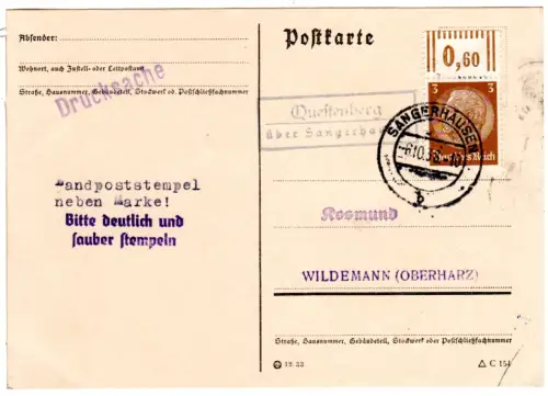 DR 1938, Landpost Stpl. QUESTENBERG über Sangerhausen auf Karte m. 3 Pf.