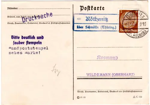 DR 1938, Landpost Stpl. RÖTHENITZ über Schmölln (Thüring.) auf Karte m. 3 Pf.