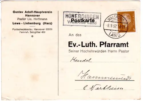 DR 1932, Landpost Stpl. HONERDINGEN Walsrode Land auf Karte m. 3 Pf.