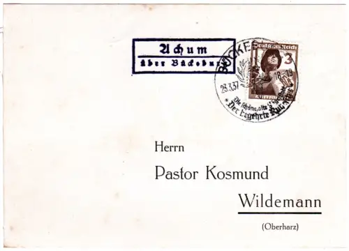 DR 1937, Landpost Stpl. ACHUM über Bückeburg auf Karte m. 3 Pf.