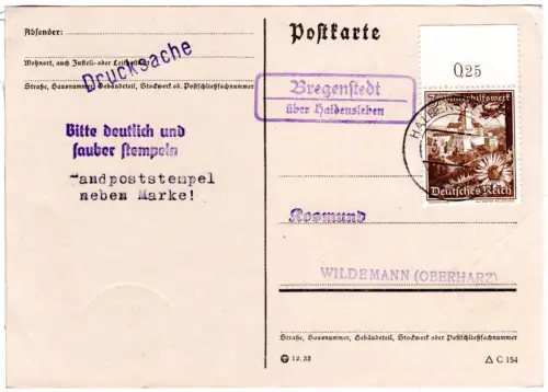DR 1939, Landpost Stpl. BREGENSTEDT über Haldensleben auf Karte m. 3 Pf.