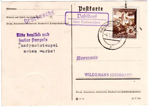 DR 1936, Landpost Stpl. VAHLDORF über Haldensleben auf Karte m. 3 Pf.