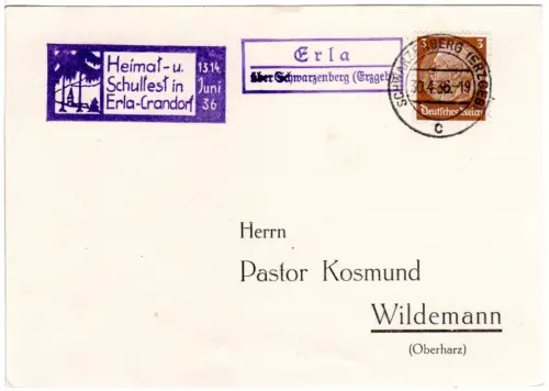 DR 1936, Landpost Stpl. ERLA über Schwarzenberg (Erzgeb.) auf Karte m. 3 Pf.