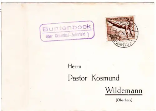 DR 1936, Landpost Stpl. BUNTENBOCK über Clausthal-Zellerfeld 1 auf Karte m. 3 Pf