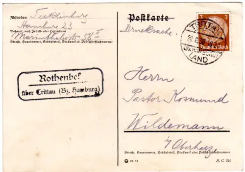 DR 1936, Landpost Stpl. ROTHENBEK über Trittau (Bz. Hamburg) auf Karte m. 3 Pf.