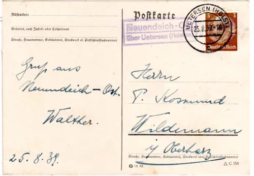 DR 1937, Landpost Stpl. NEUENDEICH-OST über Uetersen auf Karte m. 3 Pf.