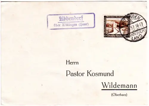 DR 1937, Landpost Stpl. ABBENDORF über Wittingen (Hnvr) auf Karte m. 3 Pf.