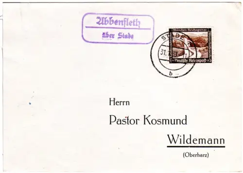 DR 1937, Landpost Stpl. ABBENFLETH über Stade auf Karte m. 3 Pf.