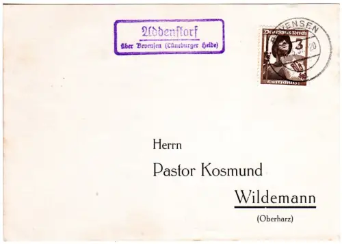 DR 1937, Landpost Stpl. ADDENSTORF über Bevensen auf Karte m. 3 Pf.