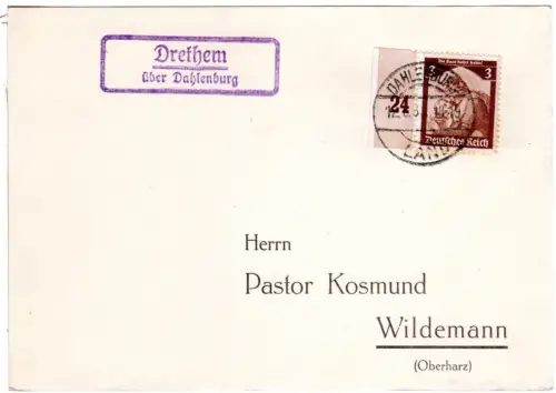 DR 1936, Landpost Stpl. DRETHEM über Dahlenburg auf Karte m. 3 Pf.