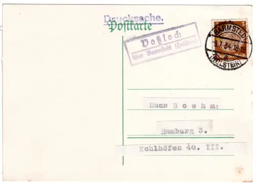 DR 1934, Landpost Stpl. VOSSLOCH über Barmstedt (Holstein) auf Karte m. 3 Pf.