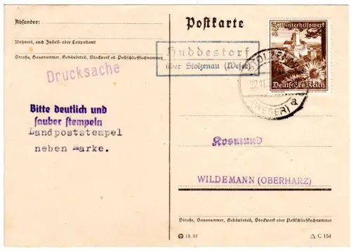 DR 1936, Landpost Stpl. HUDDESTORF über Stolzenau (Weser) auf Karte m. 3 Pf.