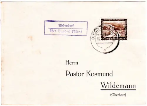 DR 1936, Landpost Stpl. ABBENDORF über Diesdorf (Altm) auf Karte m. 3 Pf.