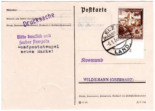 DR 1939, Landpost Stpl. SORSUM über Elze (Hannover) auf Karte m. 3 Pf.