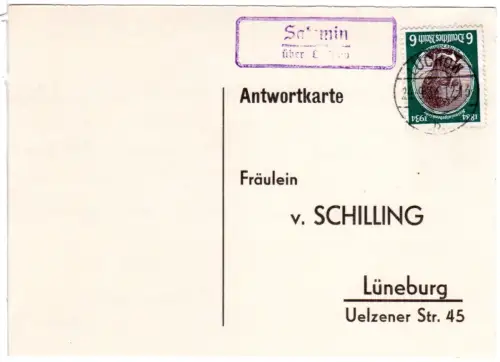 DR 1934, Landpost Stpl. SATEMIN über Lüchow auf Karte m. 6 Pf.
