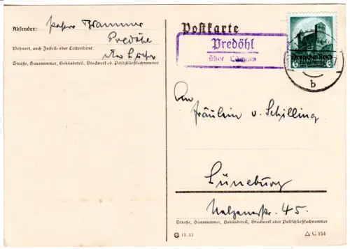 DR 1934, Landpost Stpl. PREDÖHL über Lüchow auf Karte m. 6 Pf.