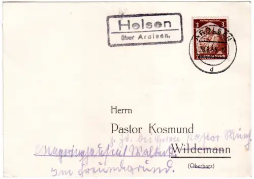 DR 1935, Landpost Stpl. HELSEN über Arolsen auf Karte m. 3 Pf.