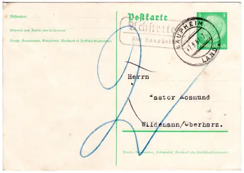 DR 1937, Landpost Stpl. ACHSTETTEN über Laupheim auf 5 Pf. Ganzsache m. Porto