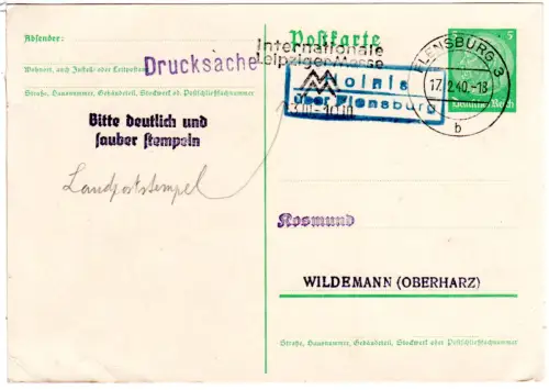 DR 1940, Landpost Stpl. HOLNIS über Flensburg auf 5 Pf. Ganzsache 