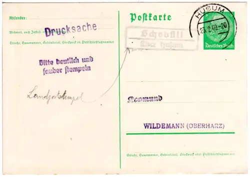 DR 1940, Landpost Stpl. SCHOBÜLL über Husum auf 5 Pf. Ganzsache 