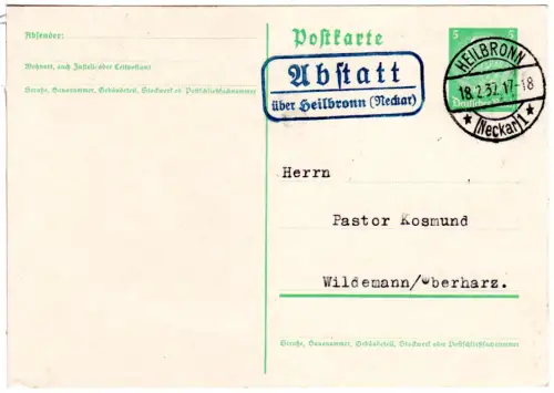 DR 1937, Landpost Stpl. ABSTATT über Heilbronn (Neckar) auf 5 Pf. Ganzsache 