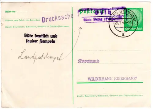 DR 1940, Landpost Stpl. ORTH über Burg (Fehmarn) auf 5 Pf. Ganzsache 