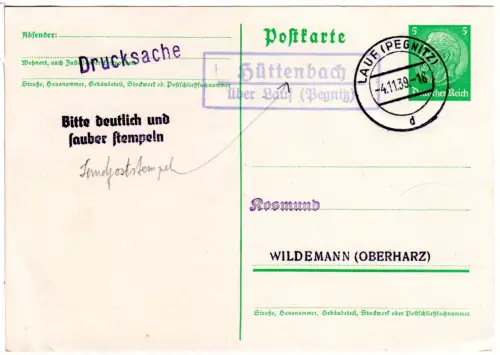 DR 1939, Landpost Stpl. HÜTTENBACH über Lauf (Pegnitz) auf 5 Pf. Ganzsache 