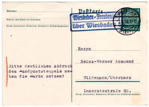 DR 1938, Landpost Stpl. WIESBADEN-FREUDENBERG über Wiesbaden auf 6Pf. Ganzsache 