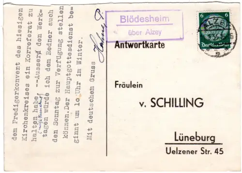 DR 1934, Landpost Stpl. BLÖDESHEIM über Alzey auf Karte m. 6 Pf. 