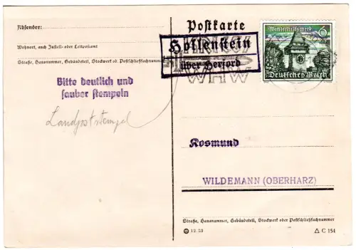 DR 1940, Landpost Stpl. HOLLENSTEIN über Herford auf Karte m. 6 Pf. 