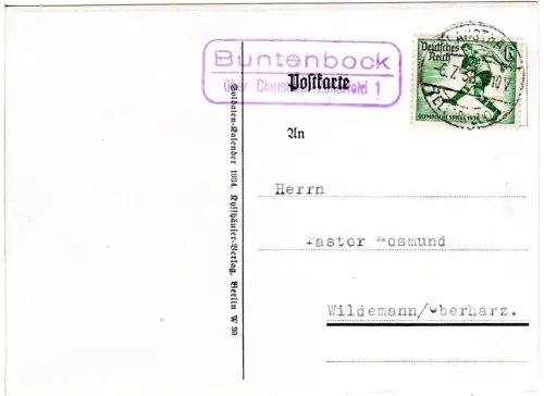 DR 1938, Landpost Stpl. BUNTENBOCK über Clausthal-Zellerfeld auf Karte m. 6 Pf. 