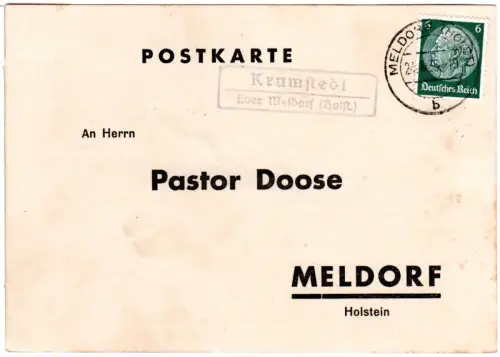 DR 1935, Landpost Stpl. KRUMSTEDT über Meldorf (Holst.) auf Karte m. 6 Pf. 
