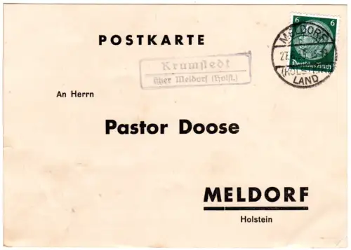 DR 1935, Landpost Stpl. KRUMSTEDT über Meldorf (Holst.) auf Karte m. 6 Pf 