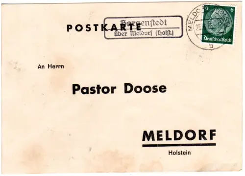 DR 1935, Landpost Stpl. BARGENSTEDT über Meldorf (Holst.) auf Karte m. 6 Pf .